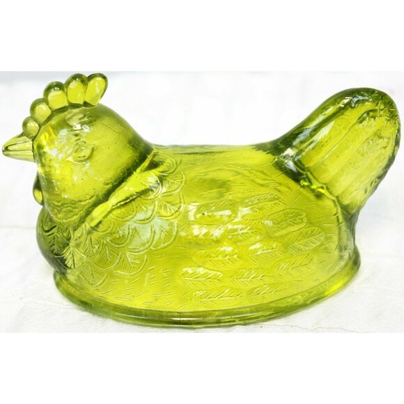 VTG Indiana Green Glass Hen Rooster Chicken Candy Dish Cover Lid Farm Country - Picture 5 of 7